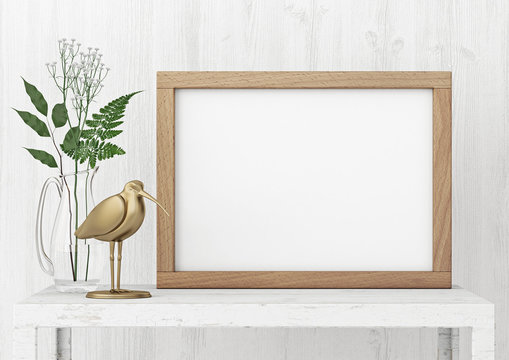 Horizontal interior poster mock-up with empty wooden frame and plants on white wall background. 3D rendering.