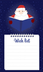 Сhristmas wish list. Santa Claus is holding in his hands reading a letter christmas wishlist from the children's desires. Vector cartoon illustration background with Santa and notebook wish 