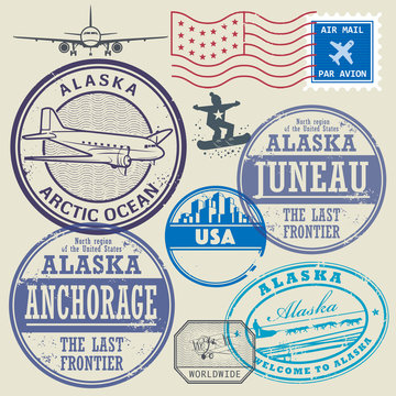 Grunge rubber stamp and signs set with name and map of Alaska