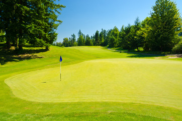 Obraz premium Golf course with gorgeous green and flag.