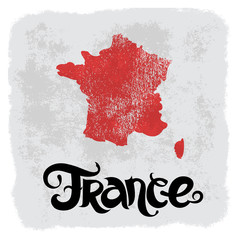 France. Abstract grunge vector background with lettering and red map