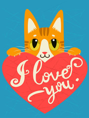 Enamored Cat With Heart And Text I Love You. Handdrawn Inspirational And Encouraging Quote. Vector Isolated Typography Design Element. I Love You Cat.