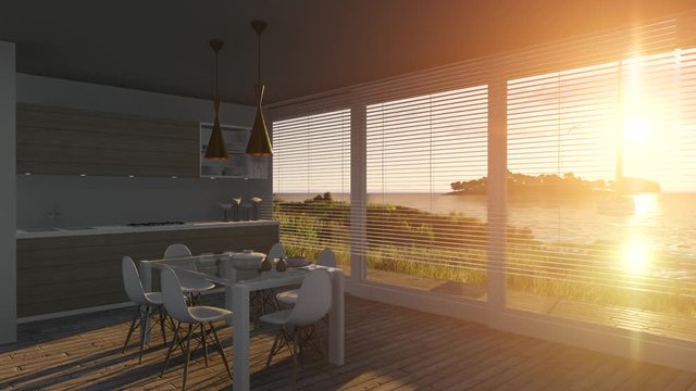 Blinds opening on a sunset sea landscape