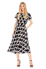 Fashion photo of young magnificent woman wearing fashionable summer clothes