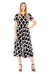 Fashion photo of young magnificent woman wearing fashionable summer clothes