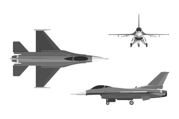 The image of military aircraft. Three views of airplane: top, side, front. Vector illustration