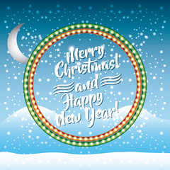 merry christmas and happy new year card with decoration icons over snow landscape background. colorful design. vector illustration