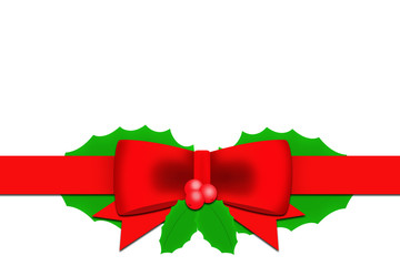 red satin ribbon and Holly berry leaves on white background.