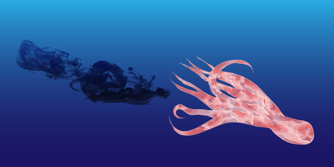 Vector illustration of hand-drawn octopus and ink cloud