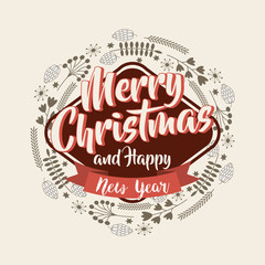 merry christmas and happy new year card with decorative elements. colorful design. vector illustration