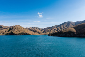 View of South Island, New Zealand from the ferry leaving Wellington