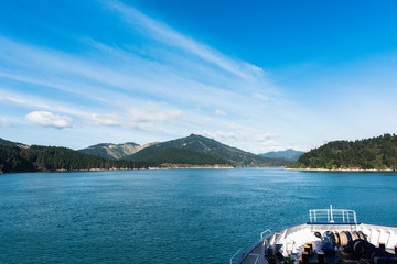 View of South Island, New Zealand from the ferry leaving Wellington