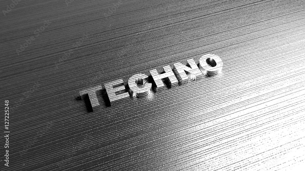 Poster metal word 'techno' on steel background. lettering for logotypes, articles and books. label for busi