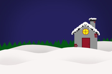 House on snow and Christmas tree background