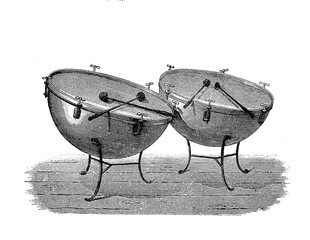 Timpanis, musical instruments vintage engraving