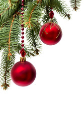 Christmas decoration (hanging balls) with space for text on white background
