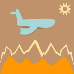 Airplane is flying in the sky over mountains. Vector illustration.
