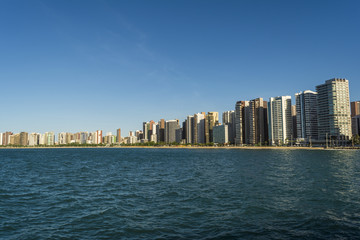 Skyline of Fortaleza beach, Ceara, Brazil viewed from the sea.