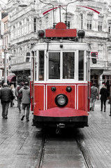 Travel in Turkey. Retro red tram in Istanbul