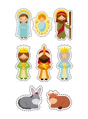 cartoon manger characters and animals over white background. colorful design