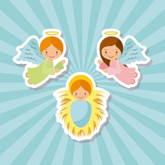 cartoon angels with baby jesus characters over blue background. vector illustration