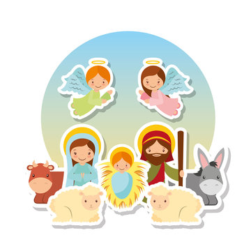 cartoon holy family with angels and animals over white background. colorful design. vector illustration