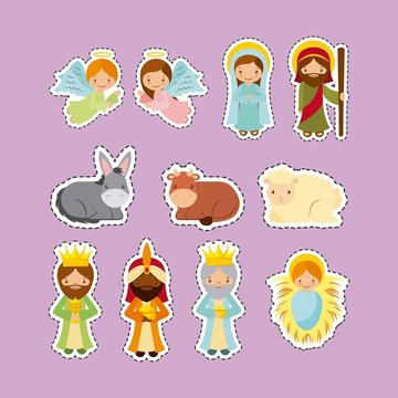 cute cartoon holy family with manger characters over purple background. vector illustration