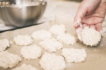 Fototapeta na wymiar Dietary cookies prepared on the baking sheet, close-up
