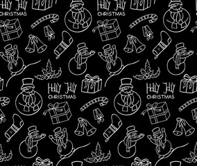 Christmas background. Snowmen.  Illustration for a  wrapping paper,  wallpaper.  Elements for winter holiday card. Black  background.   Seamless vector pattern.