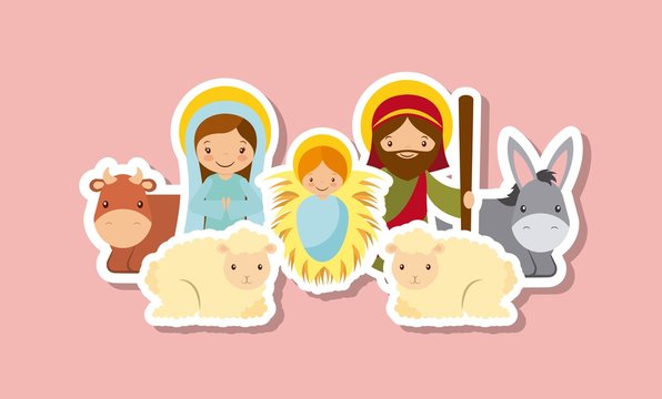holy family with animals over pink background. colorful design. vector illustration