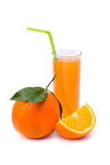 Orange with fruit juice on white background