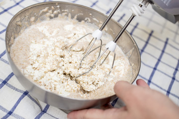 Mixing the ingredients for making dietary of dessert, close-up