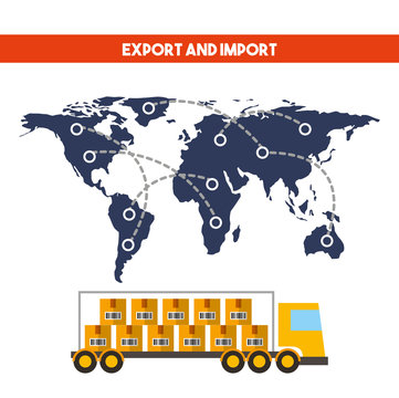 world map and cargo truck vehicle over white background. import and export design. vector illustration