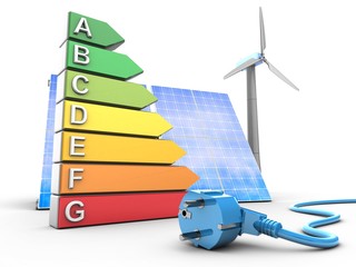 3d illustration of energy ranking over clouds background with solar panel and power cable