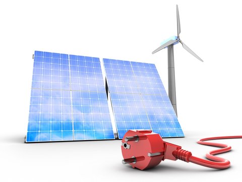 3d illustration of solar and wind energy over white background with power cord