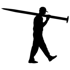 Silhouette Porter carrying the large nail in his hands, vector illustration