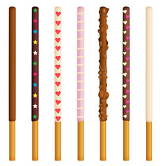 Vector illustration of chocolate dipped cookie sticks on white background. Decorated white and brown chocolate snacks.