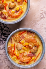 Homemade clam chowder with shrimps.