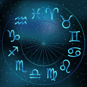 Vector illustration of zodiac circle on cosmic background with stars and nebula. Astrology horoscope signs.