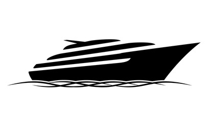 Black silhouette of a sports and a lot of expensive motor deck yacht floating on the waves in the sea or ocean. Vector yacht icon
