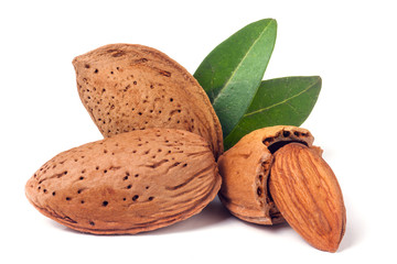 almonds in their skins and peeled with leaf isolated on white background