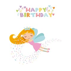 happy birthday card with cute fairy girl icon over white background. colorful design. vector illustration