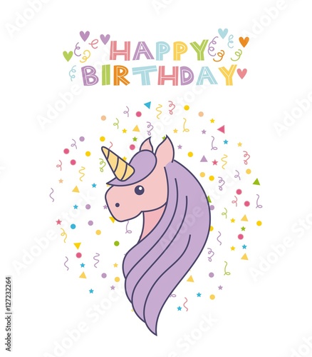 "happy birthday card with cute unicorn icon over white background