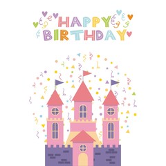 happy birthday card with cute pink castle icon over white background. colorful design. vector illustration