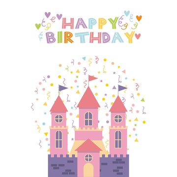 happy birthday card with cute pink castle icon over white background. colorful design. vector illustration © Gstudio