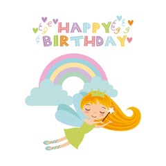 happy birthday card with cute fairy girl icon over white background. colorful design. vector illustration