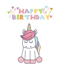 happy birthday card with cute unicorn icon over white background. colorful design. vector illustration