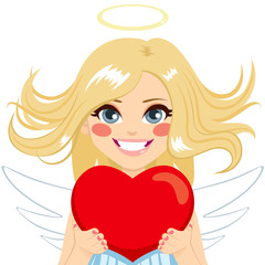 Beautiful blonde young angel with red heart and blowing hair