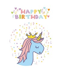 happy birthday card with cute unicorn icon over white background. colorful design. vector illustration