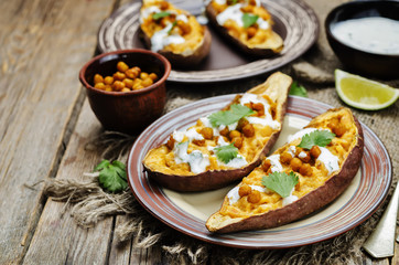 Roasted chickpeas stuffed sweet potato with Greek yogurt cilantr